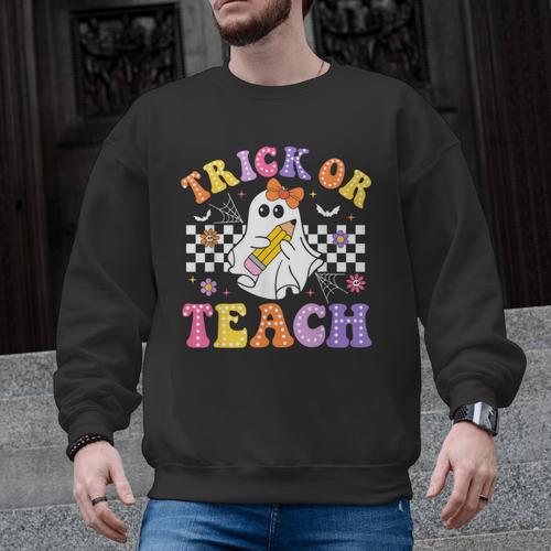 Trick Or Teach Groovy Halloween Teachers Men Graphic Sweatshirt - teacherstshirts.com UK