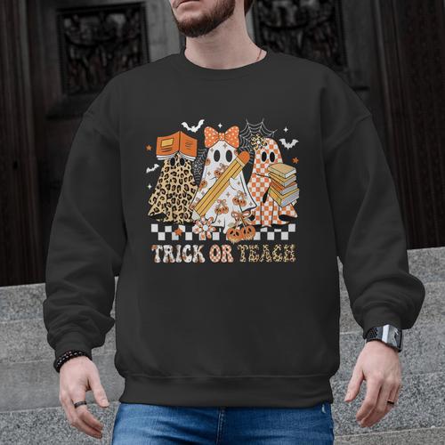 Trick Or Teach Groovy Teacher Halloween Floral Ghost Men Graphic Sweatshirt - teacherstshirts.com AU