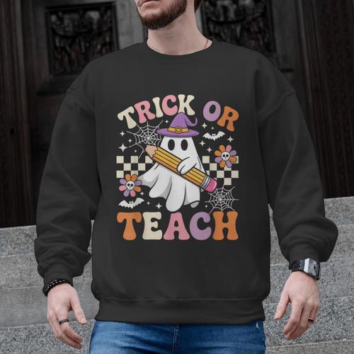 Trick Or Teach Groovy Teacher Halloween Retro Ghost Men Graphic Sweatshirt - teacherstshirts.com