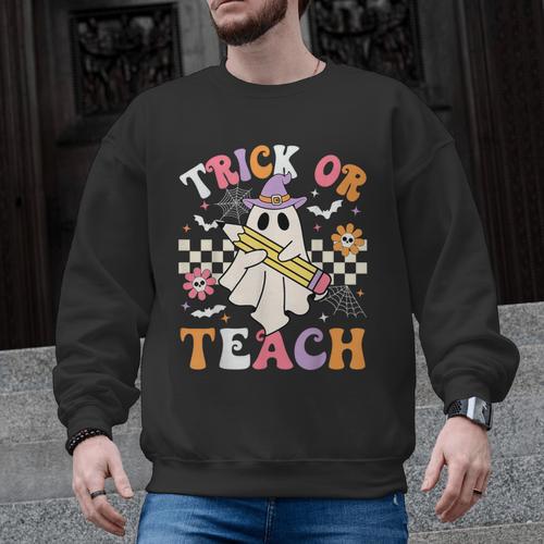 Trick Or Teach Groovy Teacher Halloween Retro Teacher Ghost Men Graphic Sweatshirt - teacherstshirts.com CA