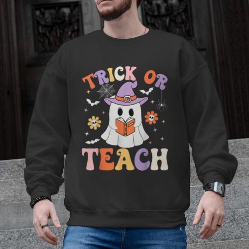 Trick Or Teach Teacher Groovy Ghost Halloween Teacher Men Graphic Sweatshirt - teacherstshirts.com CA