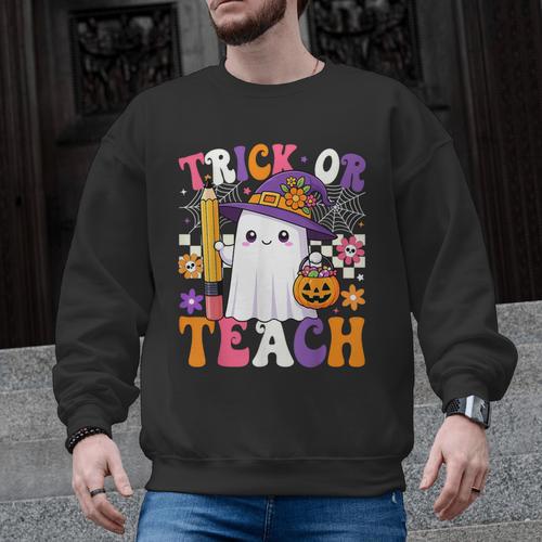 Trick Or Teach Teacher Pencil Ghost Halloween Teacher Men Graphic Sweatshirt - teacherstshirts.com DE
