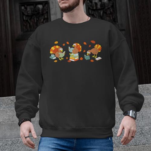 Turkey Reading Books Fall Thanksgiving Teacher Book Lovers Men Graphic Sweatshirt - teacherstshirts.com