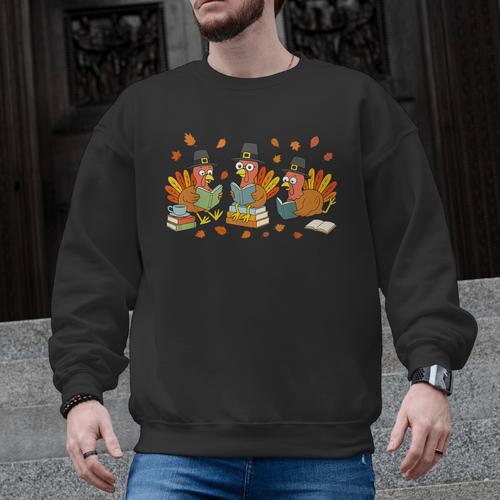 Turkey Reading Books Fall Thanksgiving Teacher Student Men Graphic Sweatshirt - teacherstshirts.com