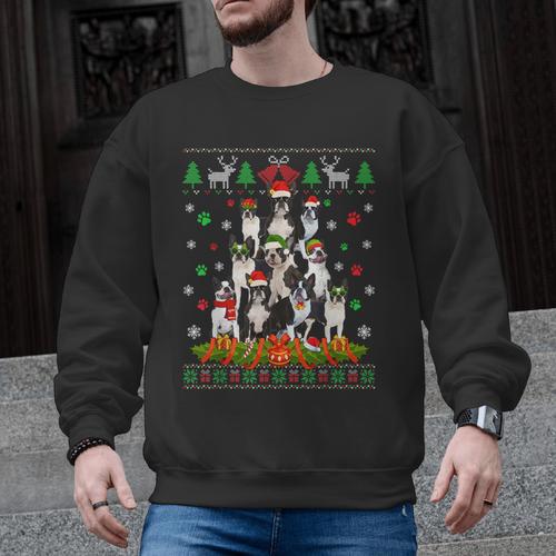 Ugly Sweater Christmas Tree Boston Terrier Dog Xmas Pajama Men Graphic Sweatshirt - Bostonterriersmerch.com