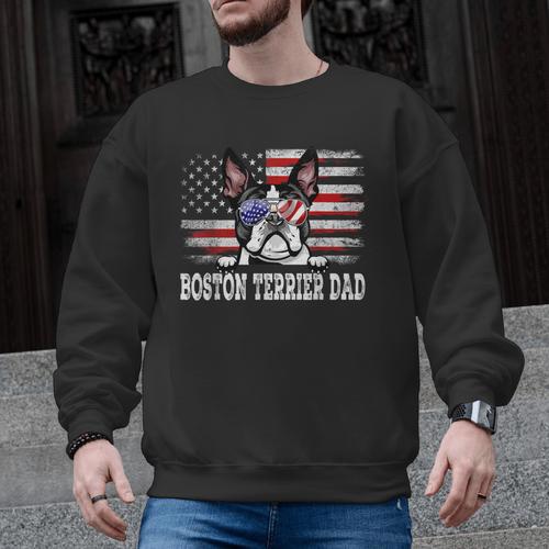 Vintage Boston Terrier Dad American Flag Father's Day Men Graphic Sweatshirt - Bostonterriersmerch.com