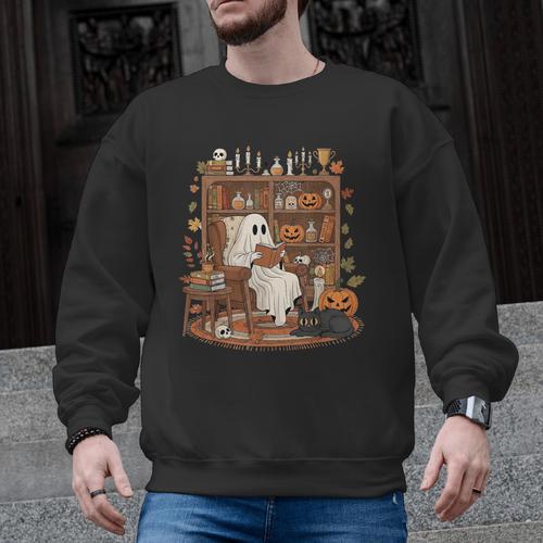 Vintage Ghost Book Reading Pumpkin Gothic Halloween Teachers Men Graphic Sweatshirt - teacherstshirts.com DE