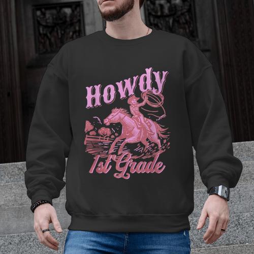 Vintage Howdy First Grade Cowgirl Teacher Western School Men Graphic Sweatshirt - teacherstshirts.com AU