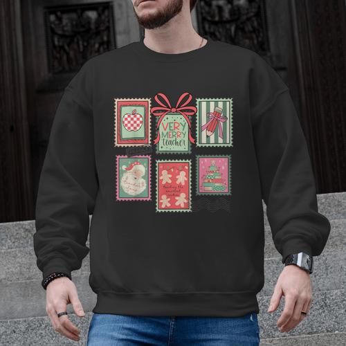 Vintage Preppy Very Merry Teacher Santa Stamps Christmas Men Graphic Sweatshirt - teacherstshirts.com UK