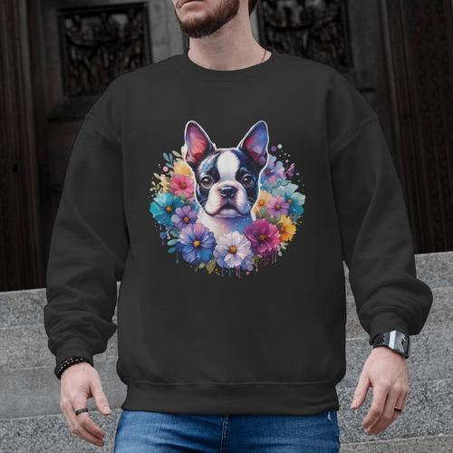 Watercolor Floral Boston Terrier Mama Dog Lover Mother's Day Men Graphic Sweatshirt - Bostonterriersmerch.com