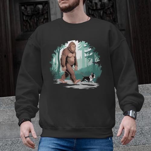Whimsical Forest Adventures Sasquatch Bigfoot Walking Boston Terrier Dog Lovers Men Graphic Sweatshirt - Bostonterriersmerch.com