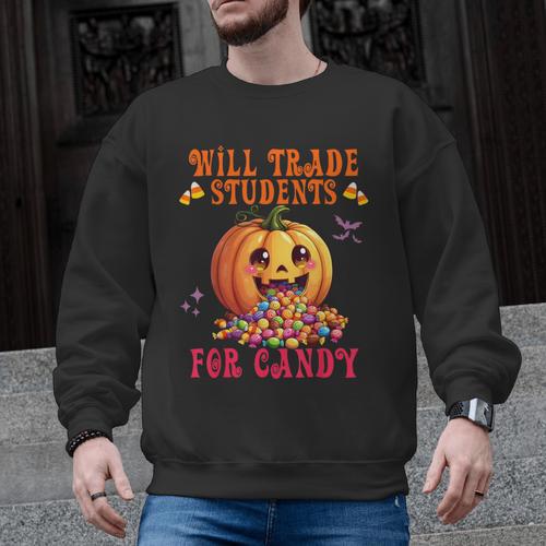 Will Trade Students For Candy Teacher Cute Halloween Pumpkin Men Graphic Sweatshirt - teacherstshirts.com CA