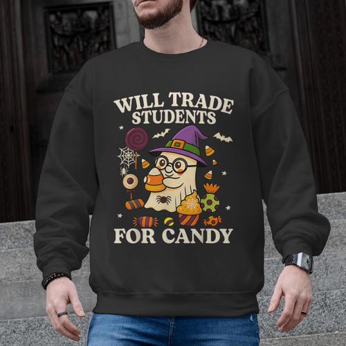 Will Trade Students For Candy Teacher Ghost Halloween Men Graphic Sweatshirt - teacherstshirts.com AU