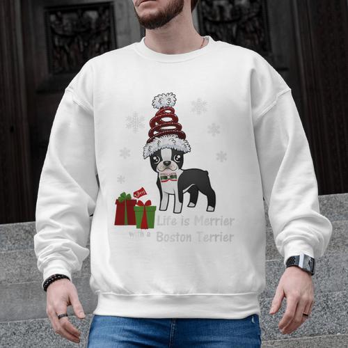Boston Terrier Christmas T Shirt-Life Is Merrier Premium Tri-Blend Men Graphic Sweatshirt - Bostonterriersmerch.com