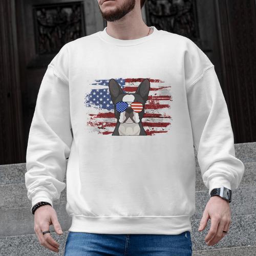 Boston Terrier Dad American Flag 4th Of July Dog Fathers Day Men Graphic Sweatshirt - Bostonterriersmerch.com