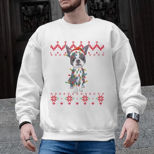 Boston Terrier Dog Santa Hat Men Kids Ugly Christmas Light Men Graphic Sweatshirt - Bostonterriersmerch.com