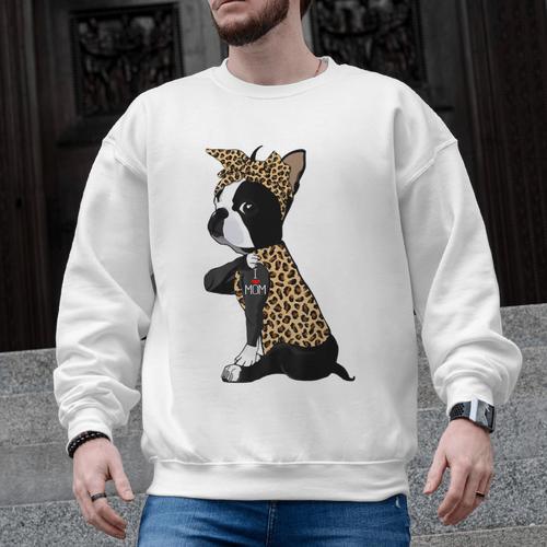 Boston Terrier Lover I Love Mom Tattoo Leopard Men Graphic Sweatshirt - Bostonterriersmerch.com