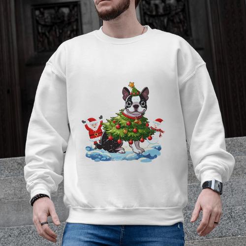 Boston Terrier Merry Christmas Tree Lights Dog X-Mas Dogs Men Graphic Sweatshirt - Bostonterriersmerch.com
