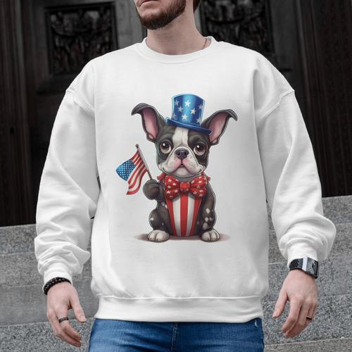 Boston Terrier Puppy Dog Holds His American Flag 4th Of July Men Graphic Sweatshirt - Bostonterriersmerch.com