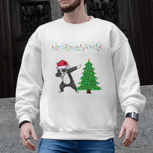 Boston Terrier Santa Hat Dabbing Around The Christmas Tree Men Graphic Sweatshirt - Bostonterriersmerch.com