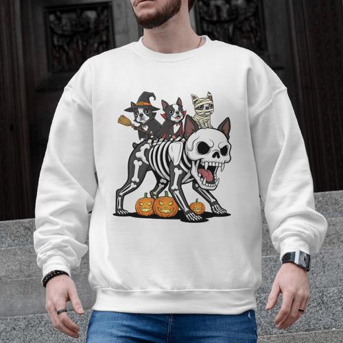 Boston Terrier Skeleton Mummy Witch Halloween Men Graphic Sweatshirt - Bostonterriersmerch.com