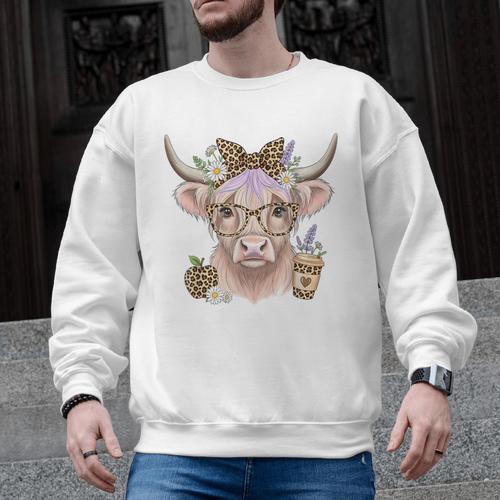 Cute Floral Highland Cow Back To School For Women Teacher Men Graphic Sweatshirt - teacherstshirts.com DE