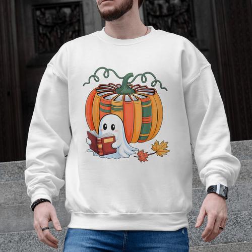 Fall Book Pumpkin Books Ghost Reading Halloween Teacher Men Graphic Sweatshirt - teacherstshirts.com AU