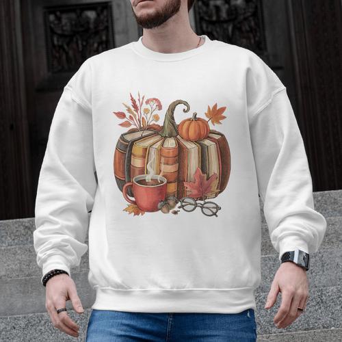 Fall Book Pumpkin Retro Reading Halloween Teacher Men Graphic Sweatshirt - teacherstshirts.com DE