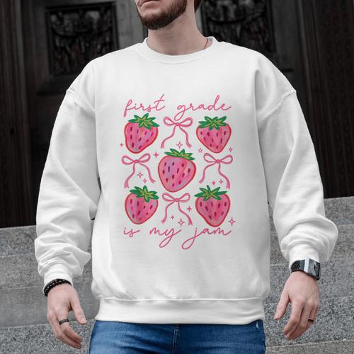 First Grade Is My Jam Strawberry First Grade Teacher Women Men Graphic Sweatshirt - teacherstshirts.com