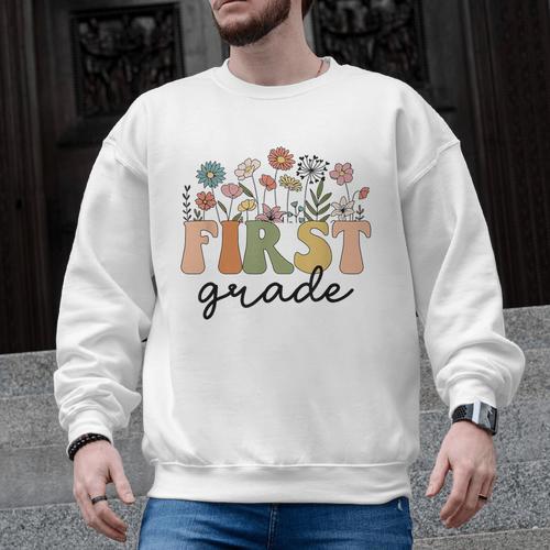 First Grade Teacher Wildflower Back To School Floral Outfits Men Graphic Sweatshirt - teacherstshirts.com UK