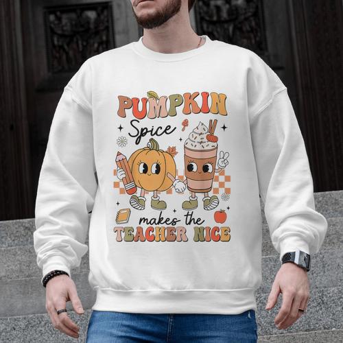 Groovy Pumpkin Spice Makes Teacher Nice Fall Thanksgiving Men Graphic Sweatshirt - teacherstshirts.com