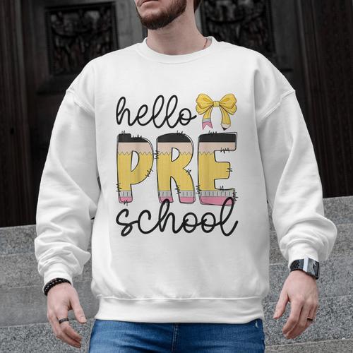 Hello Pre-K Preschool Back To School First Day Teacher Kids Men Graphic Sweatshirt - teacherstshirts.com DE
