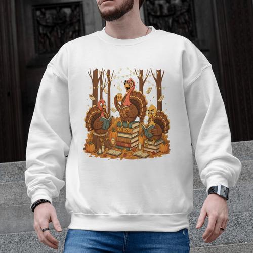Librarian Turkey Reading Book Fall Thanksgiving Teacher Book Men Graphic Sweatshirt - teacherstshirts.com UK