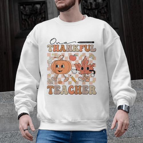 One Thankful Teacher Thanksgiving Groovy Fall Autumn Teacher Men Graphic Sweatshirt - teacherstshirts.com UK