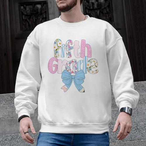 Preppy Fifth Grade Teacher Blue Floral Coquette Pencil Bow Men Graphic Sweatshirt - teacherstshirts.com AU