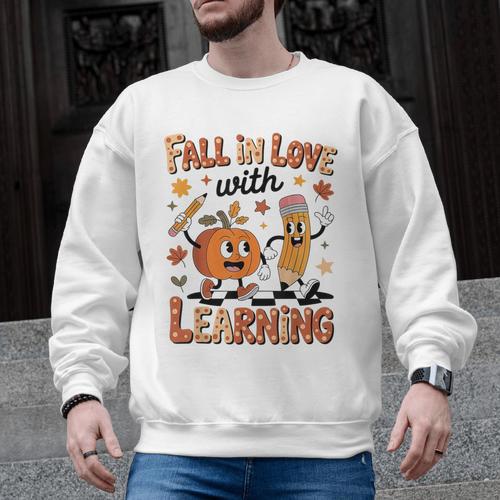 Retro Fall In Love With Learning Autumn Pumpkin Teacher Kids Men Graphic Sweatshirt - teacherstshirts.com