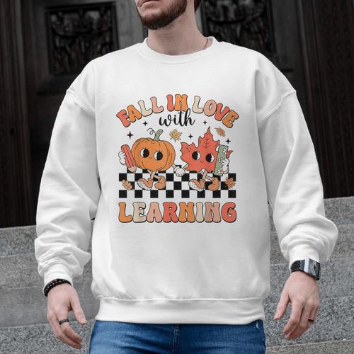 Retro Fall In Love With Learning Autumn Pumpkin Teacher Men Graphic Sweatshirt - teacherstshirts.com