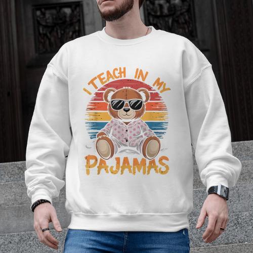 I Teach In My Pajamas Teacher Sunset Bear Retro Men Graphic Sweatshirt - teacherstshirts.com UK