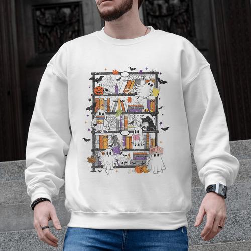 Teacher Library Ghost Reading Book Halloween Cat Men Graphic Sweatshirt - teacherstshirts.com UK