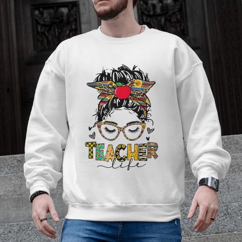 Teacher Life Messy Bun Glasses Leopard Sunflower Men Graphic Sweatshirt - teacherstshirts.com CA