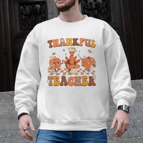 Thankful Teacher Retro Groovy Thanksgiving Fall Women Men Men Graphic Sweatshirt - teacherstshirts.com AU