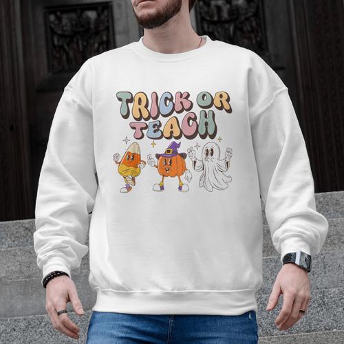 Trick Or Teach Candy Corn Pumpkin Ghost Teacher Men Graphic Sweatshirt - teacherstshirts.com