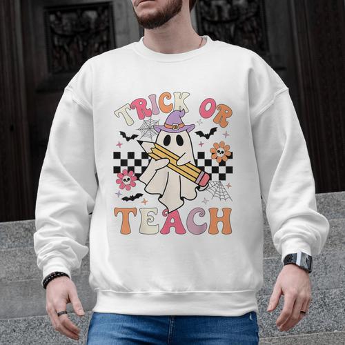 Trick Or Teach Groovy Teacher Halloween Retro Floral Ghost Men Graphic Sweatshirt - teacherstshirts.com CA