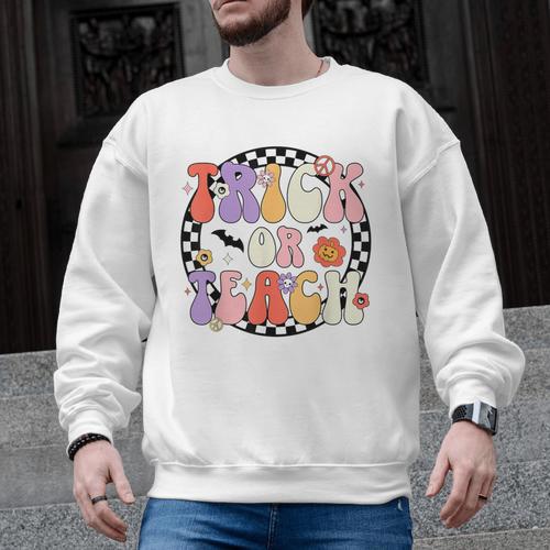 Trick Or Teach Retro Groovy Halloween Teacher Men Graphic Sweatshirt - teacherstshirts.com