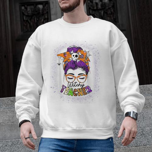 Witchy Teacher Halloween Messy Bun Teacher Bleached Men Graphic Sweatshirt - teacherstshirts.com CA