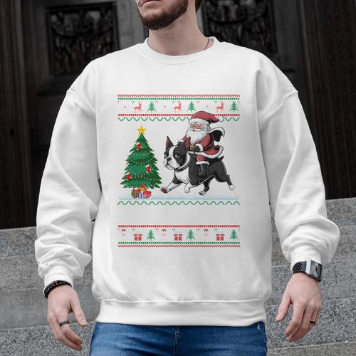 Xmas Tree Lighting Santa Riding Boston Terrier Christmas Men Graphic Sweatshirt - Bostonterriersmerch.com