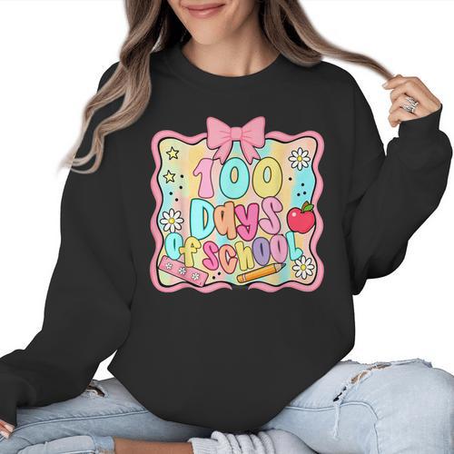 100 Days Of School Preppy 100th Day Of School Teacher Kids Women Crewneck Sweatshirt - teacherstshirts.com UK
