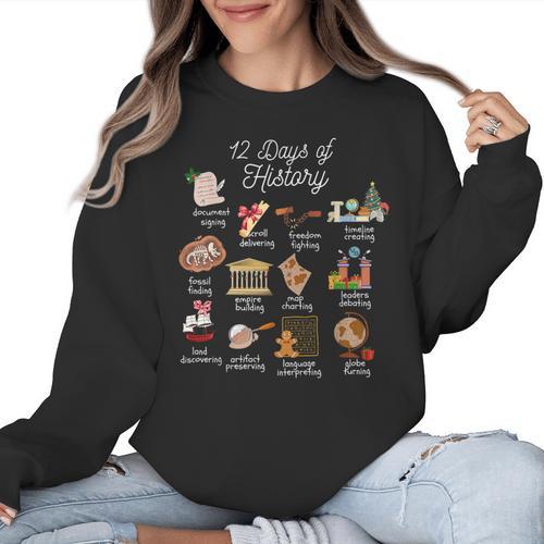12 Day Of History Teacher Christmas Social Studies Student Women Crewneck Sweatshirt - teacherstshirts.com UK