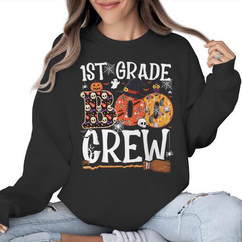 1st Grade Boo Crew Cute Ghost Halloween Teacher Kids Women Crewneck Sweatshirt - teacherstshirts.com DE