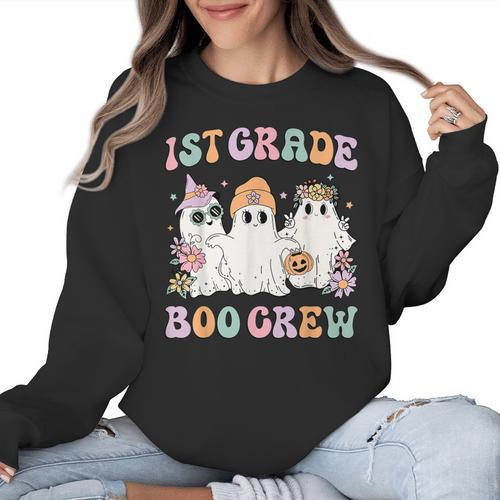 1st Grade Boo Crew Groovy Halloween Floral Ghost Kid Teacher Women Crewneck Sweatshirt - teacherstshirts.com AU